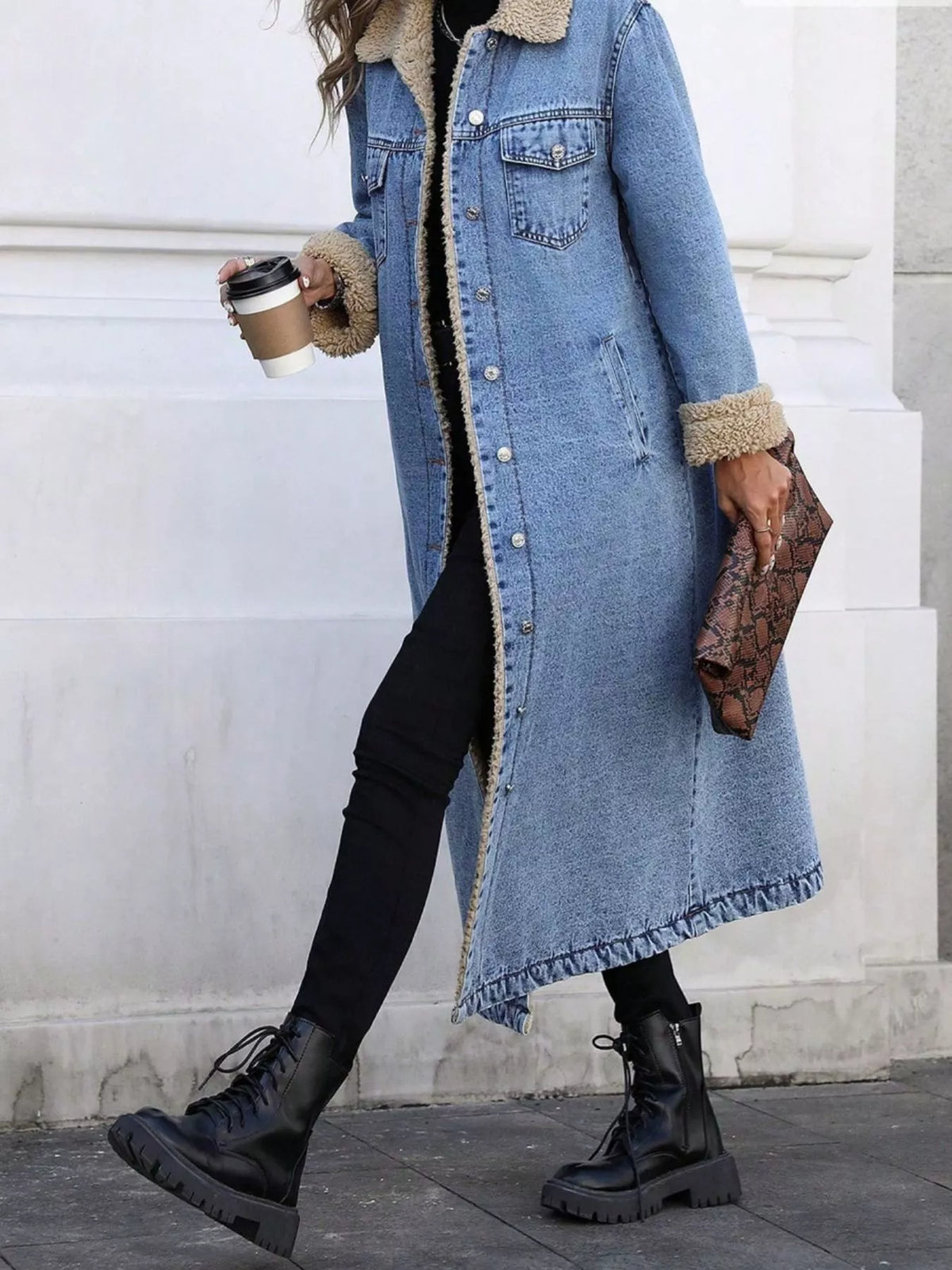 Sherpa Lined Longline Denim Jacket, view 18