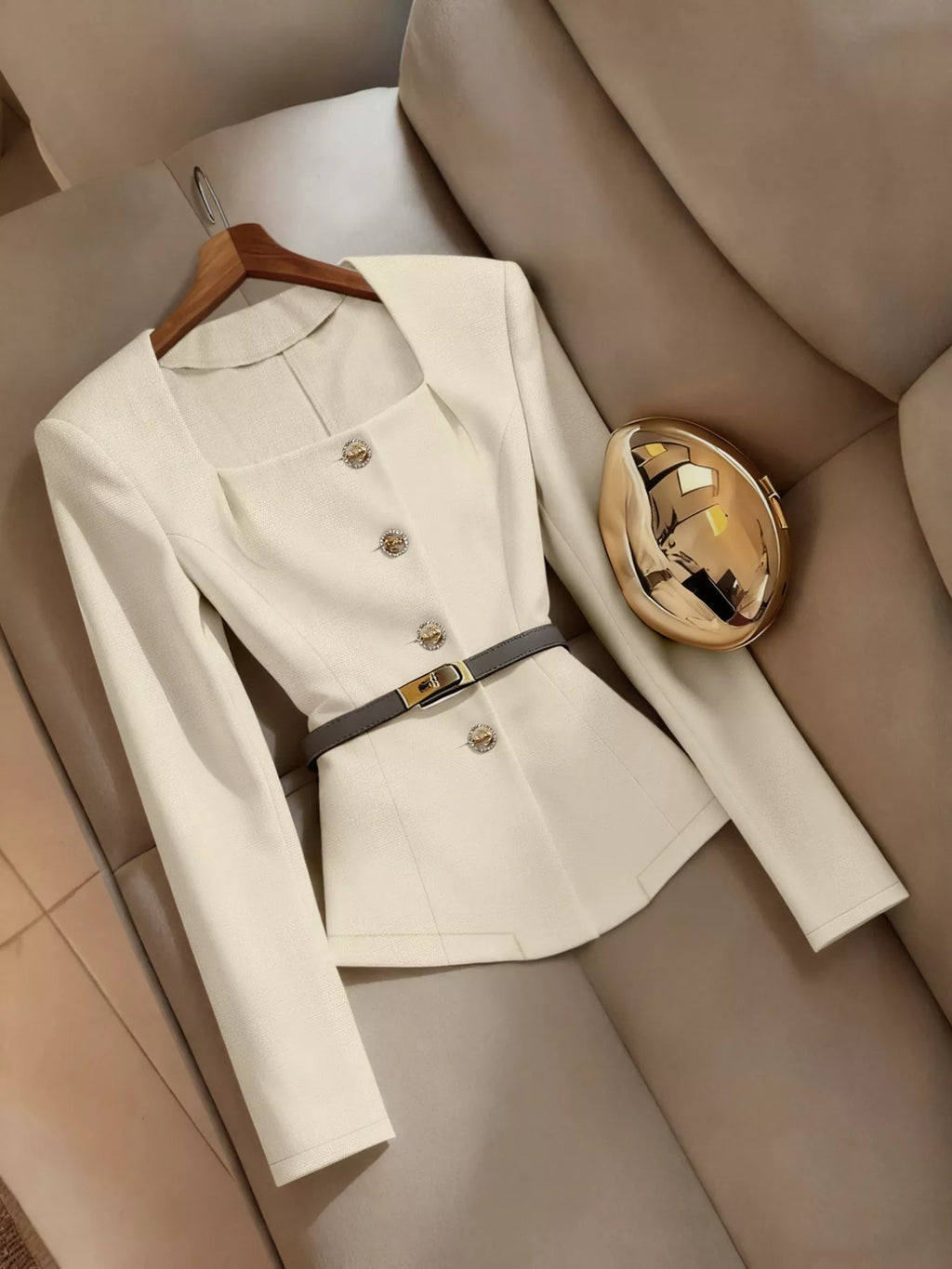 Square Neck Button-Down Fitted Blazer - Lilixa.store