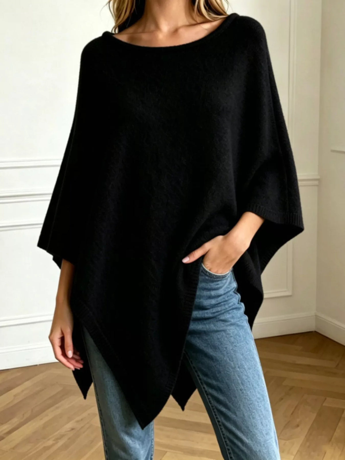 Asymmetrical Hem Knit Poncho - Lilixa.store