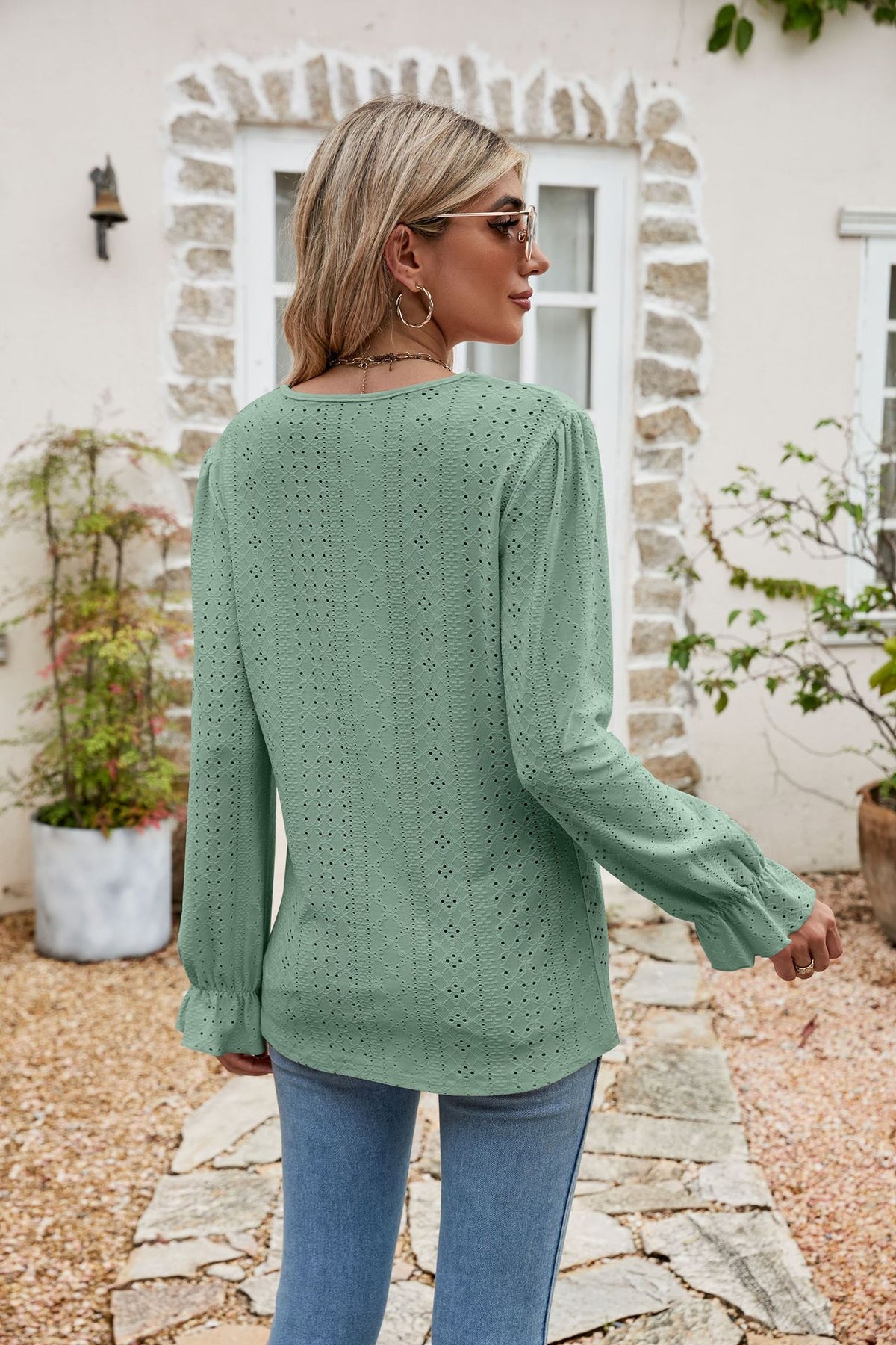 Eyelet Lace Trim Flounce Sleeve Blouse, view 10