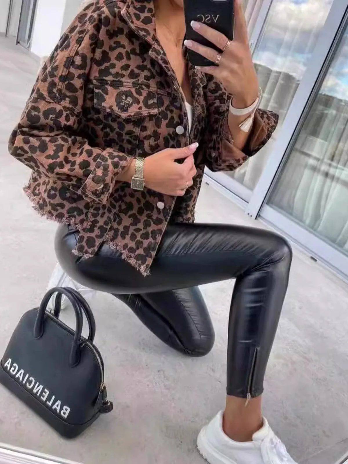 Leopard Print Raw Hem Denim Jacket, view 3
