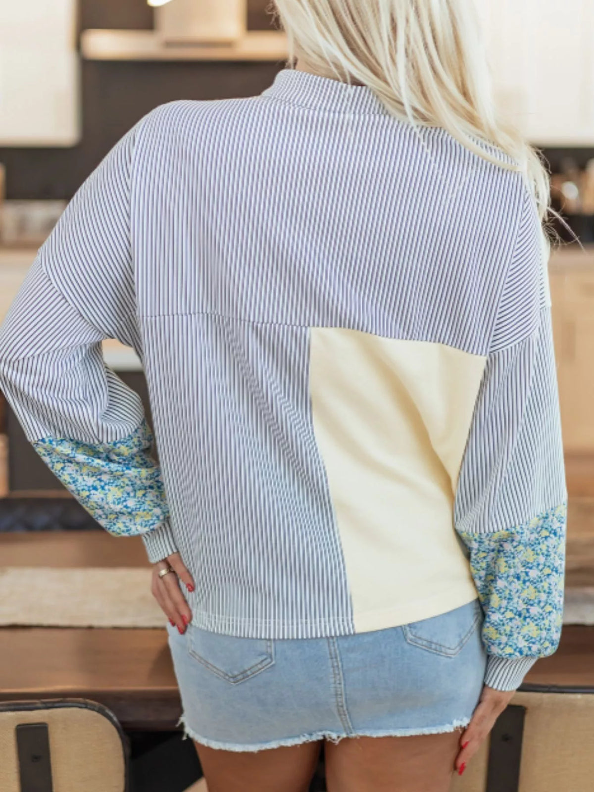 Floral Striped Drop Sleeve Collared Boxy Fit Sweatshirt - Lilixa.store