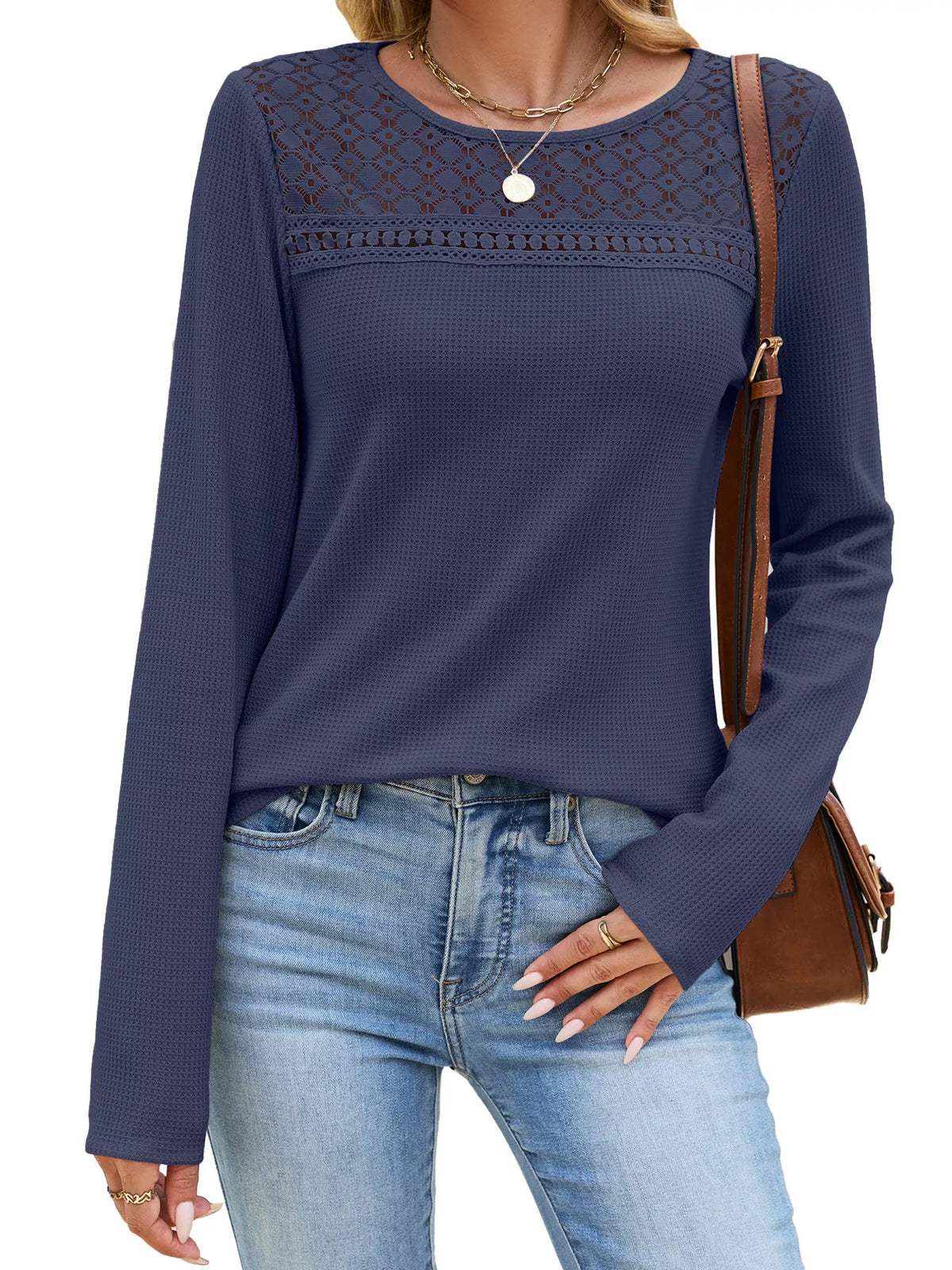 Lace Panel Waffle Knit Long Sleeve T-Shirt