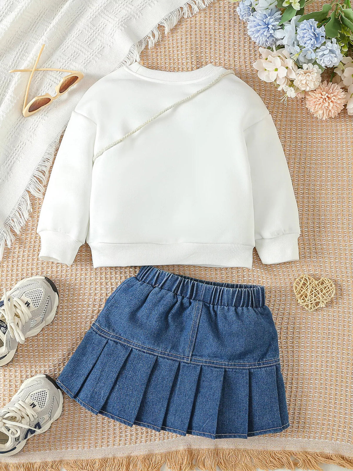 Children's Letter Long Sleeve Top and Denim Skirt Set with Heart Bag - Lilixa.store