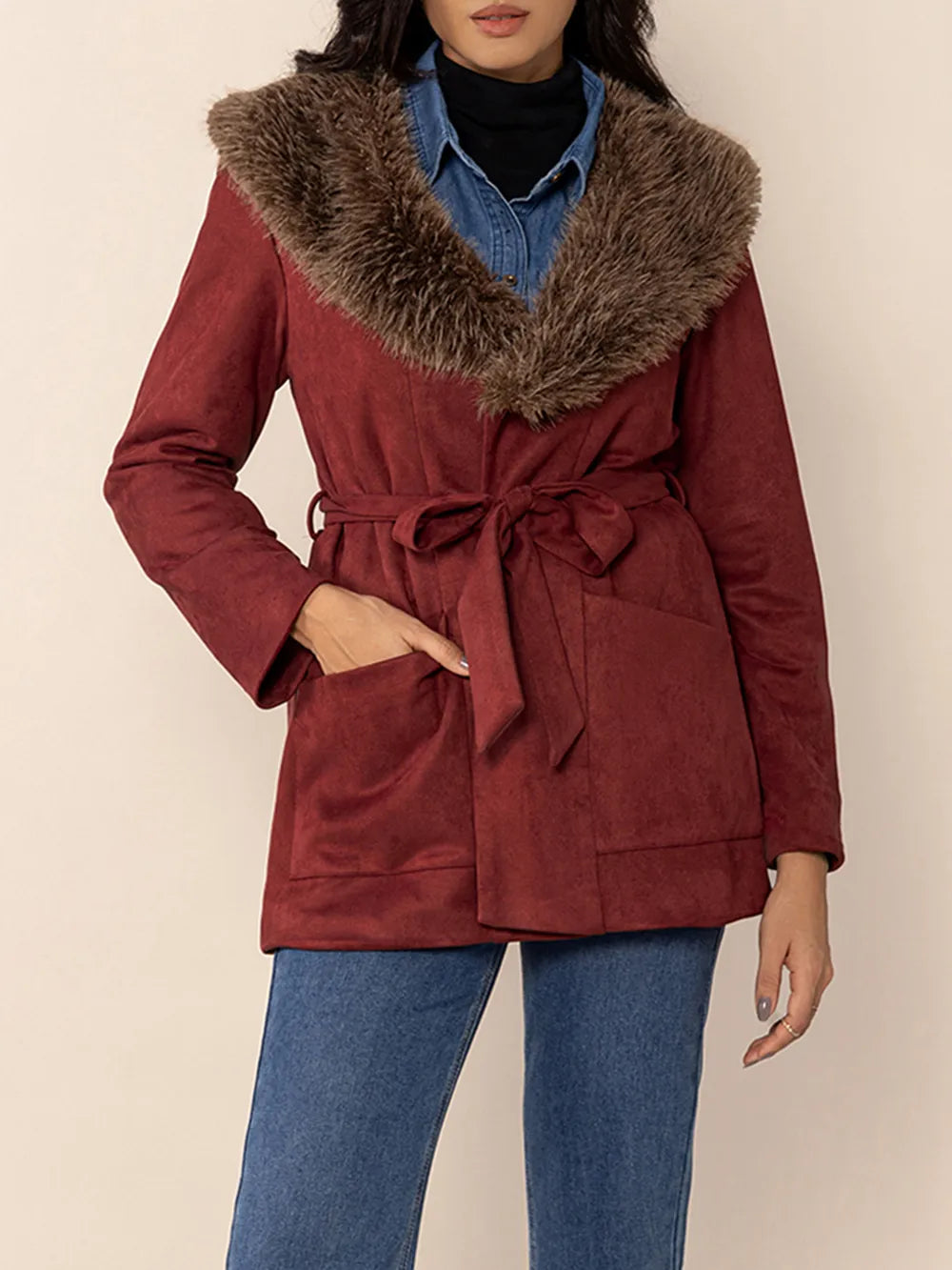Fuzzy Collared Neck Tie Waist Jacket in Burgundy, view 5