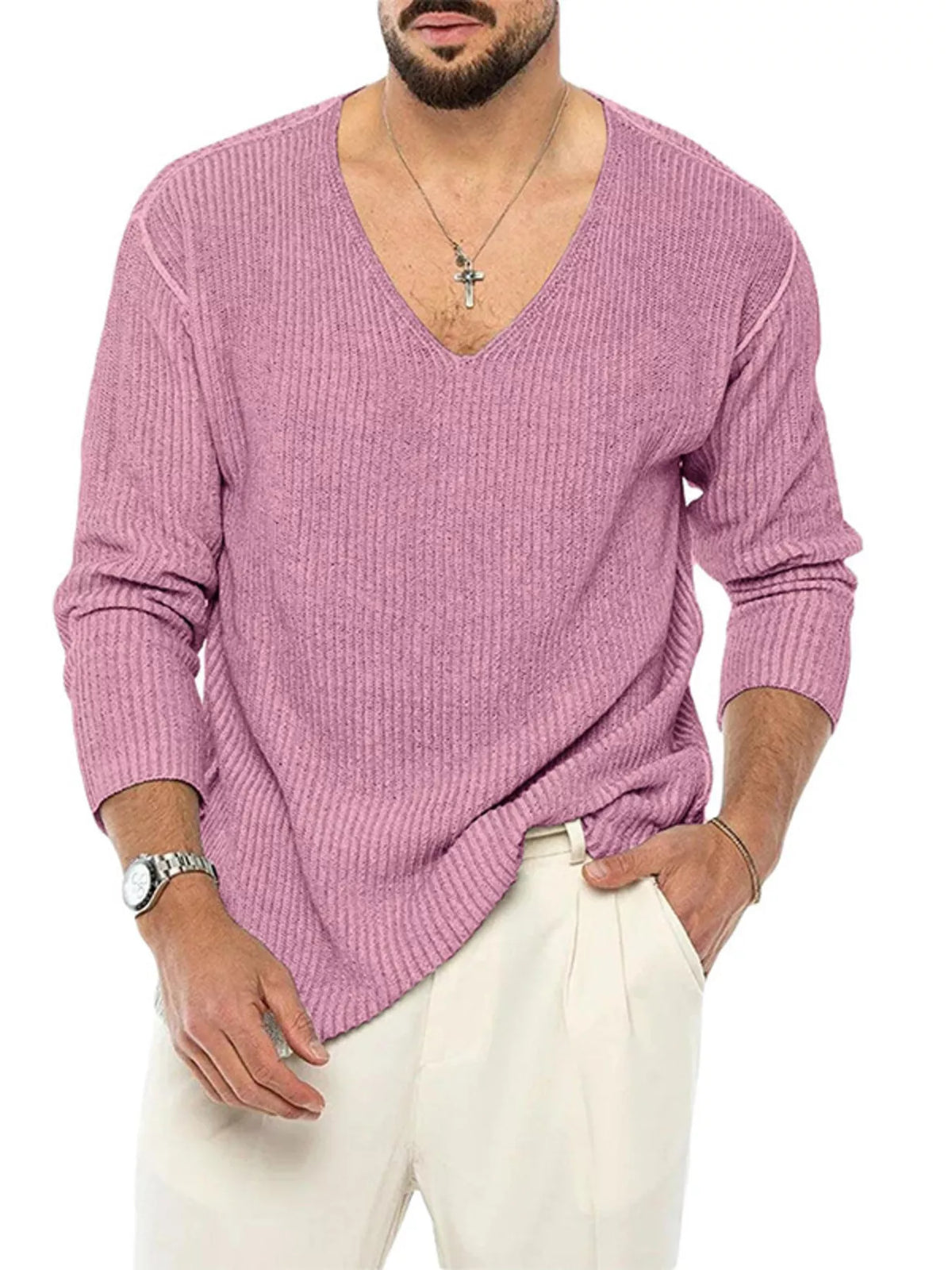 Men's Casual V-Neck Ribbed Knit Sweater - Lilixa.store