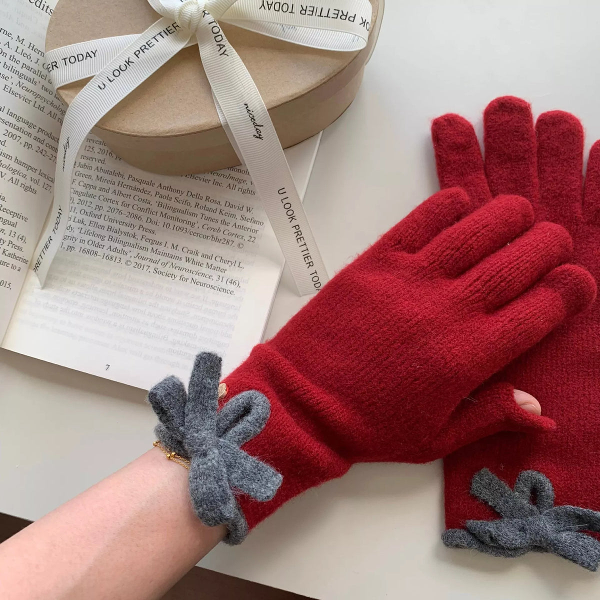 Bow-Decorated Knit Gloves - Lilixa.store