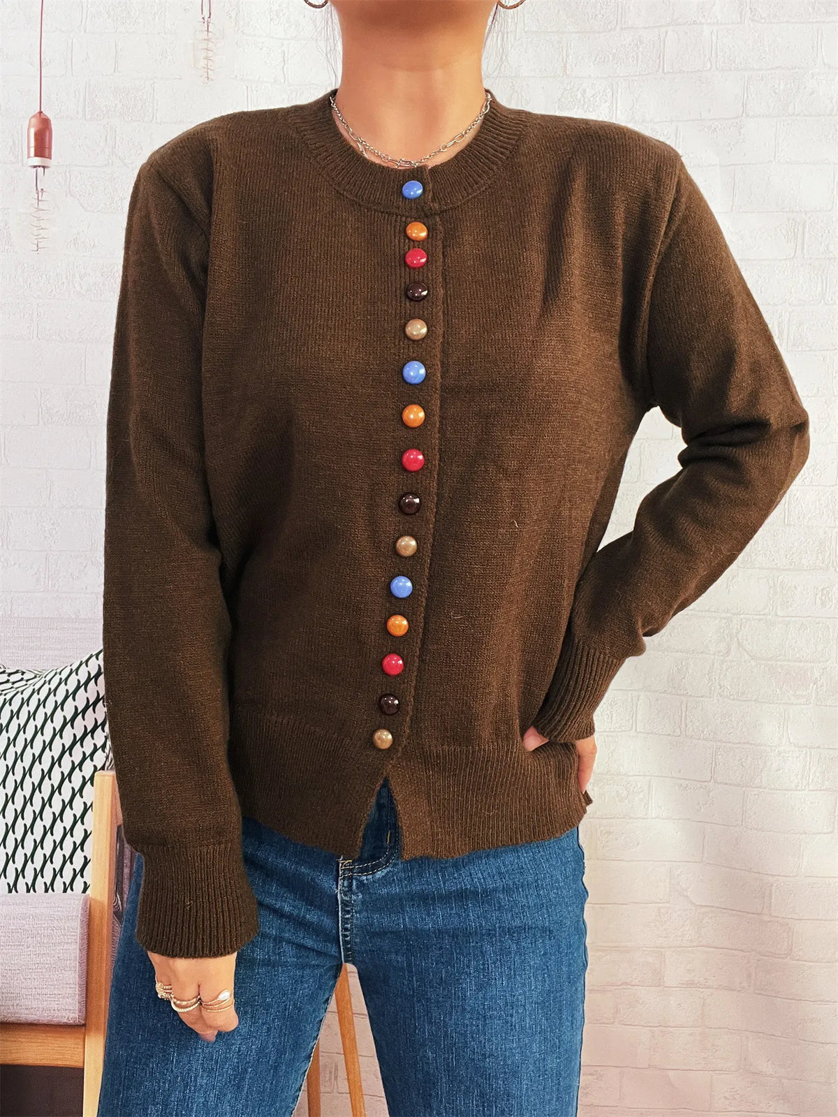 Button-Front Cardigan with Colorful Detail Buttons - Lilixa.store