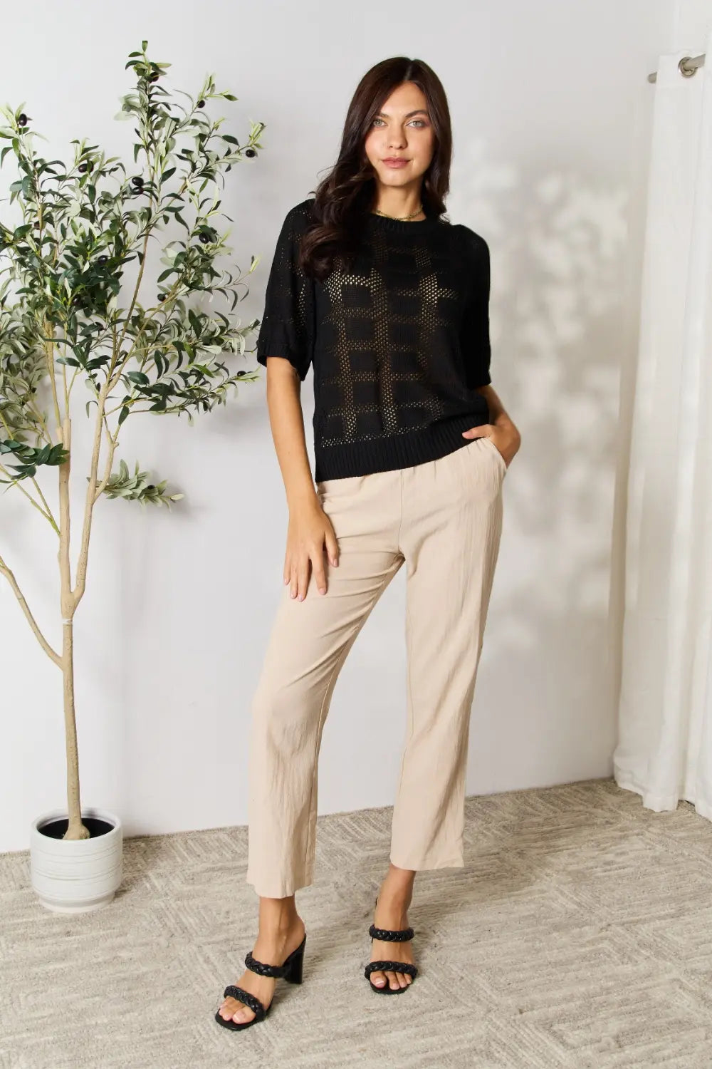Mandy Ribbed Trim Round Neck Knit Top - Lilixa.store