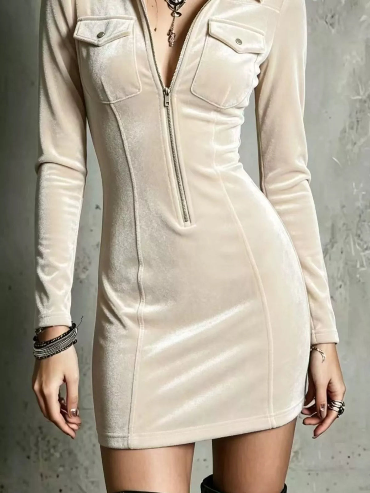Velvet Zip-Front Utility Bodycon Mini Dress, view 2