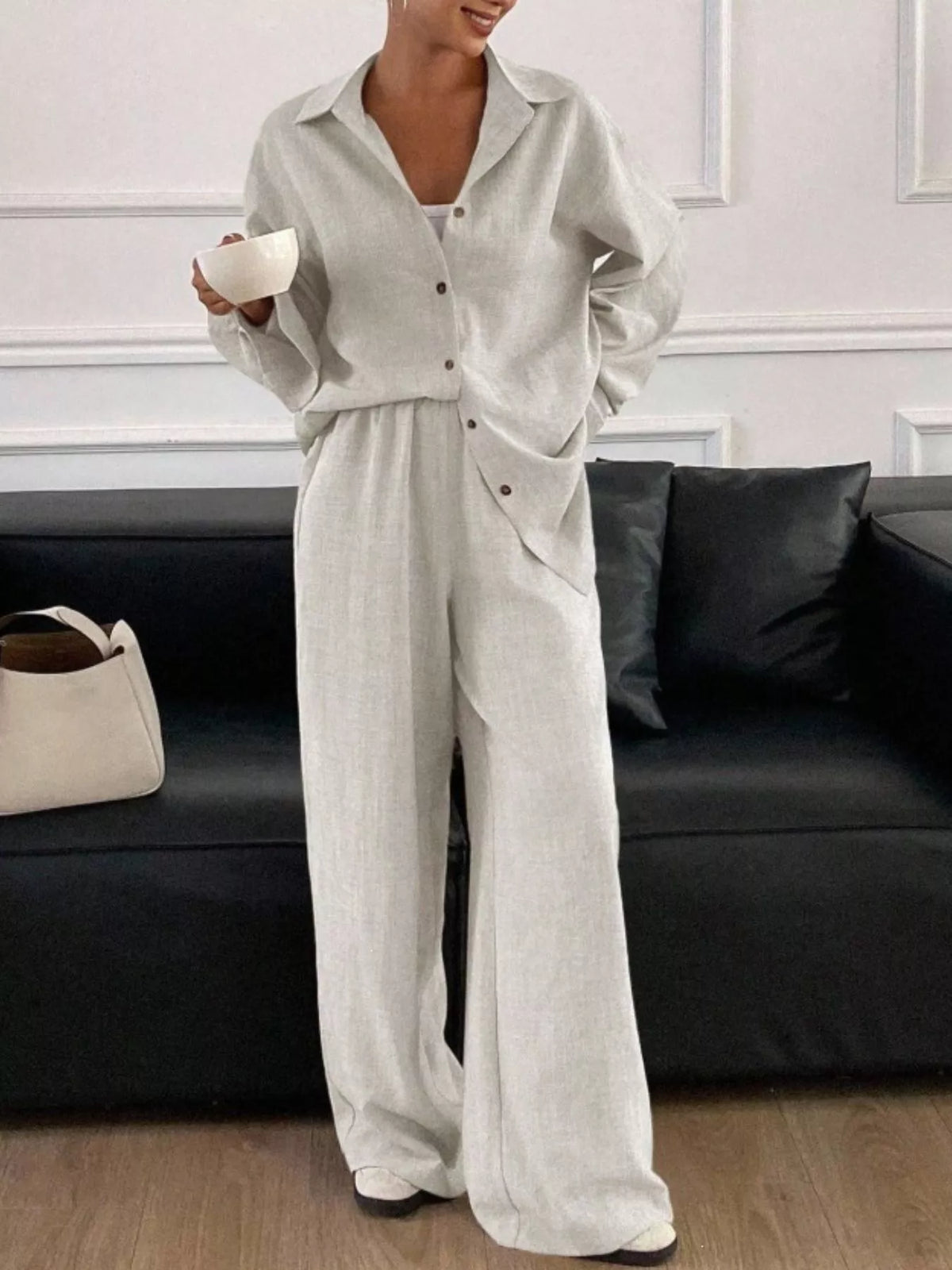 Button-Down Shirt and Wide-Leg Pants Set, view 2
