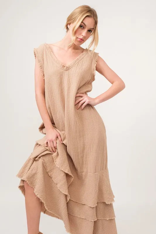 And The Why Washed Fringe Detail Tiered Dress