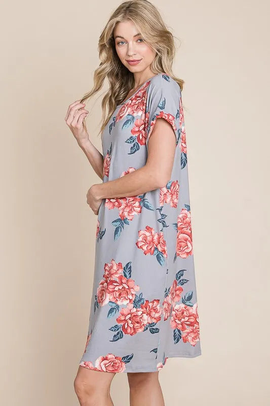 BOMBOM Floral Round Neck Short Tee Dress with Pockets - Lilixa.store