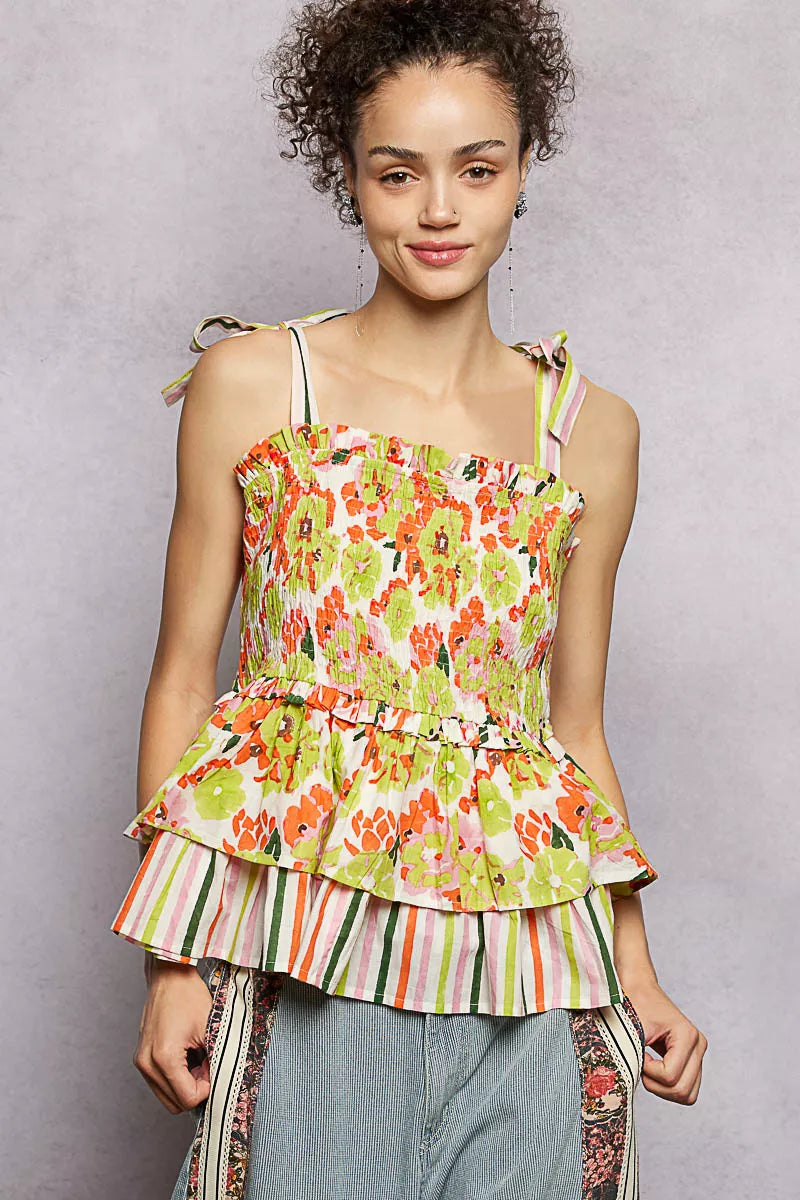 POL Floral Smocked Ruffled Cami with Tie Shoulder Straps - Lilixa.store