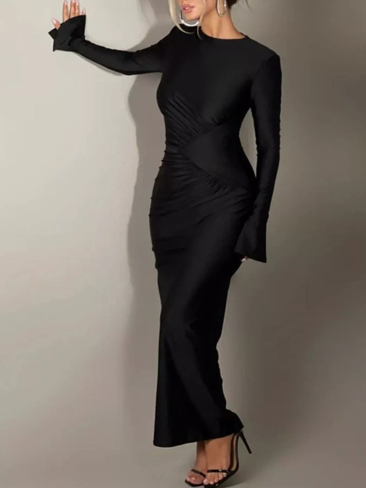 Ruched Long Sleeve Bodycon Maxi Dress - Lilixa.store