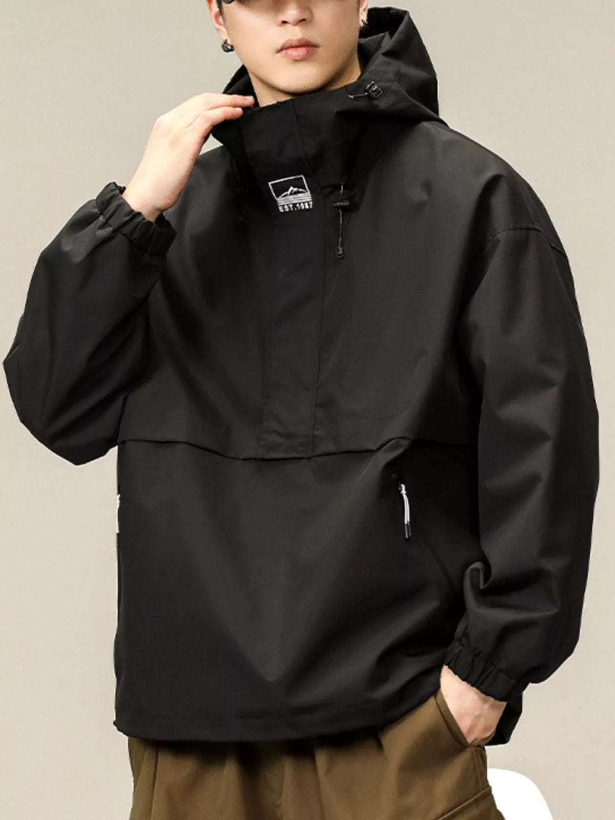 Men's Plus Size Hooded Windbreaker Jacket in Black