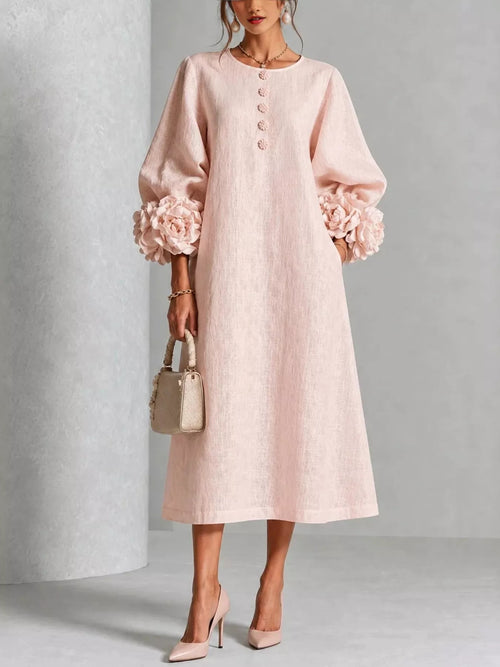 3D Floral Round Neck Midi Dress in Watermelon pink