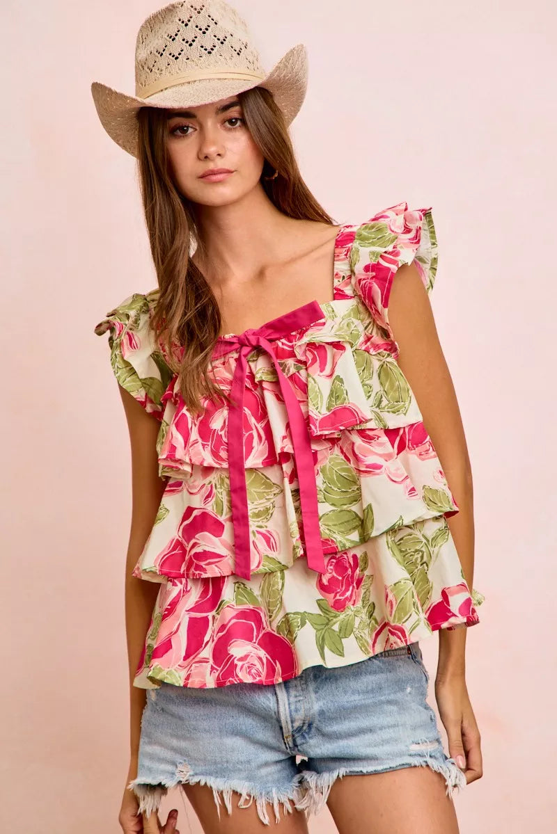 BiBi Floral Print Woven Bow Tie Ruffle Square Neck Top - Lilixa.store