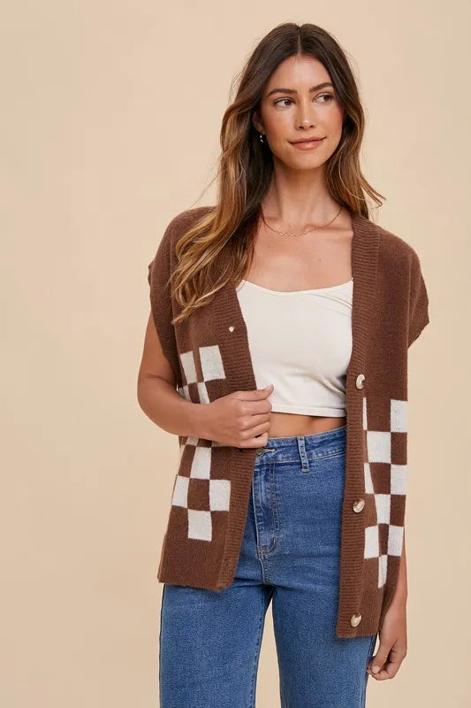 Annie Wear Checkered Button Down Short Sleeve Cardigan in Dark Brown, view 4