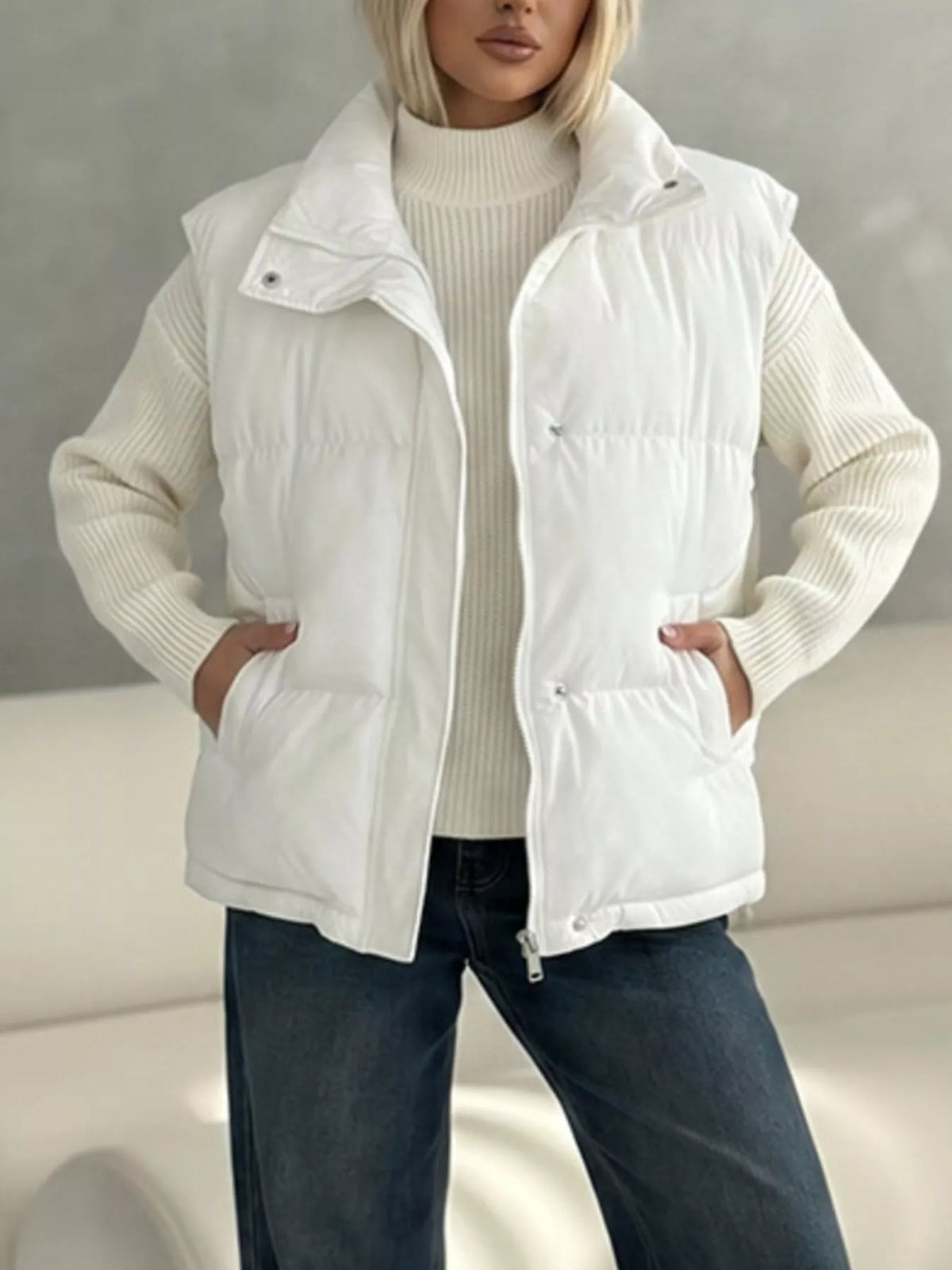 Snap-Button Placket Quilted Puffer Vest Coat in White