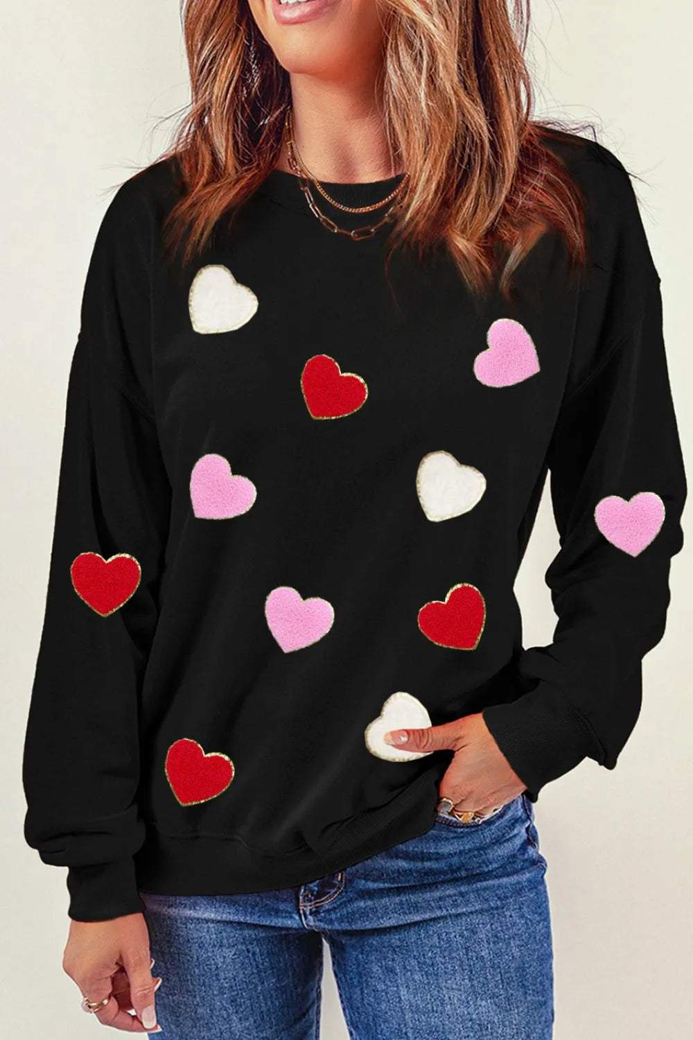 Valentine's Day Contrast Heart Long Sleeve Sweatshirt - Lilixa.store