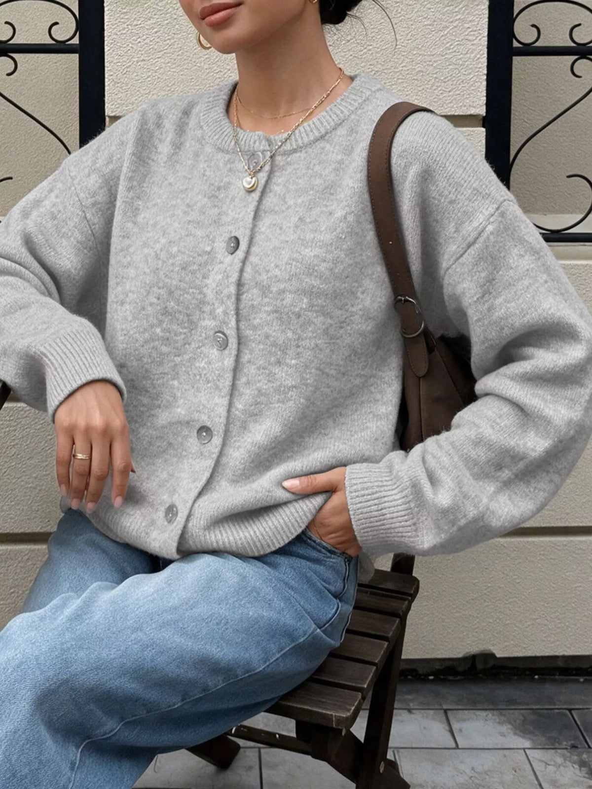 Crew Neck Button-Down Cardigan in Gray/white, view 8