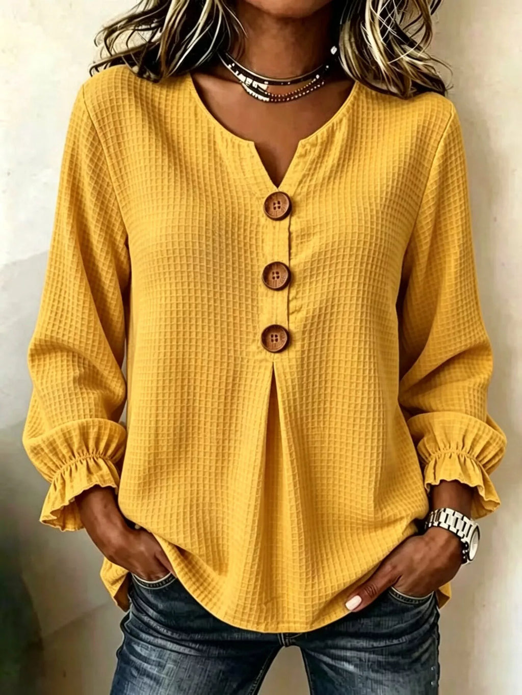 Waffle Knit Long Sleeve Top - Lilixa.store