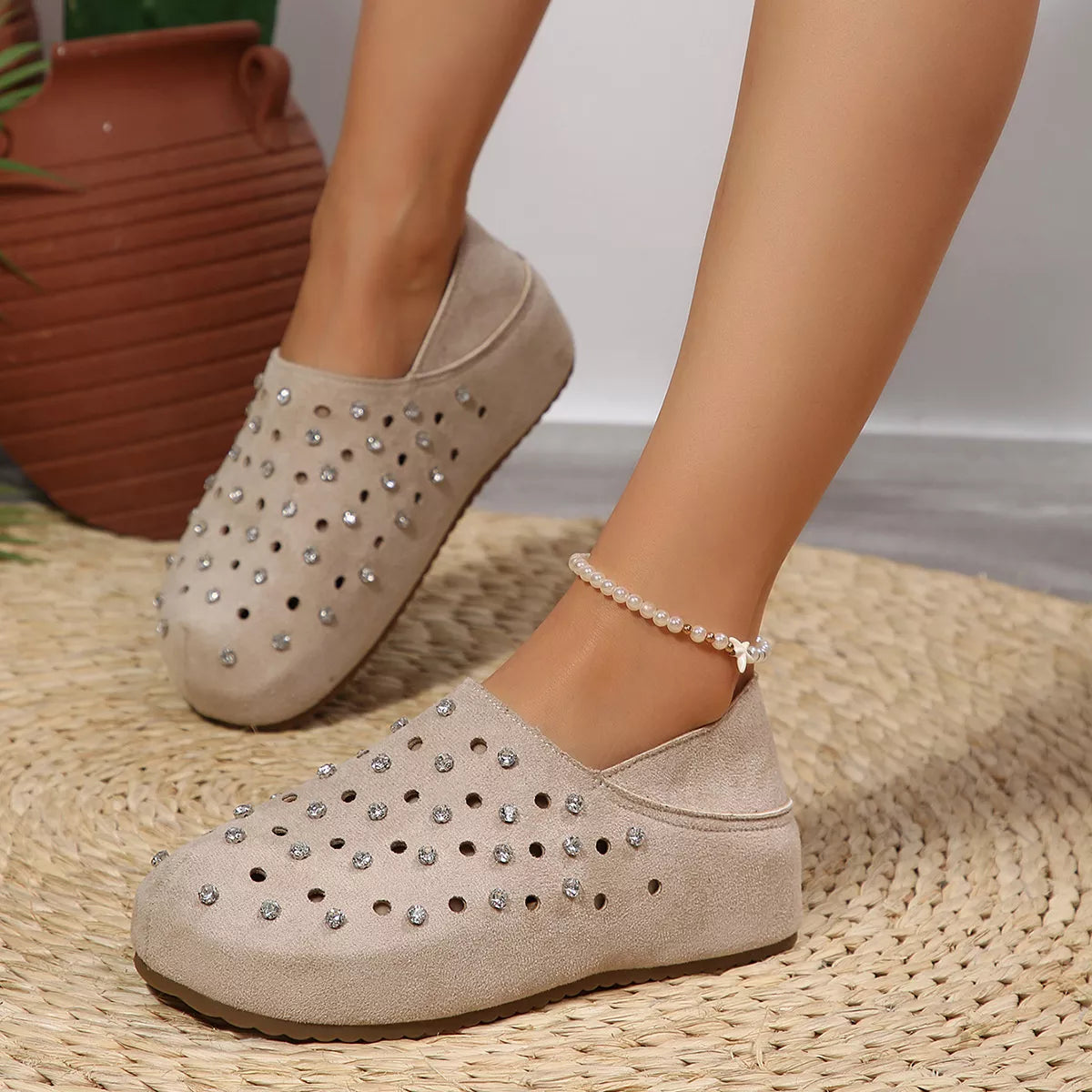 Rhinestone Round Toe Slip-Ons - Lilixa.store