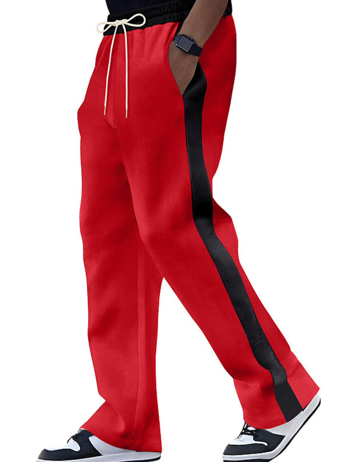 Men's Full Size Contrast Stripe Drawstring Sweatpants Plus Size in Bright Red