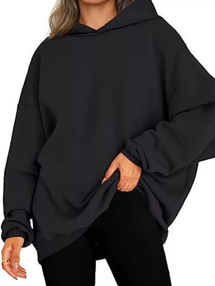 Drop Shoulder Long Sleeve Hoodie in Black