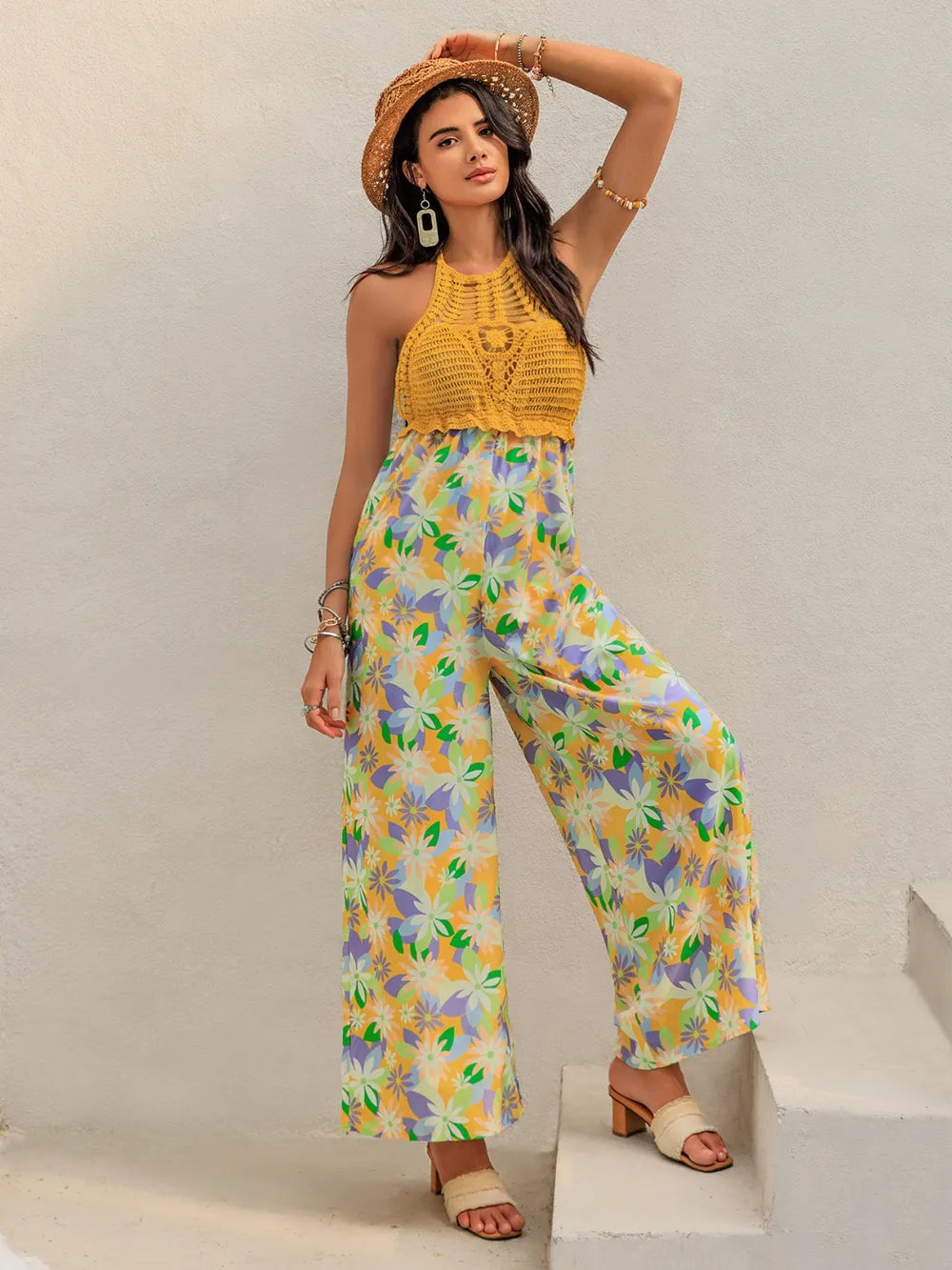 Openwork Halter Neck Floral Wide Leg Jumpsuit - Lilixa.store