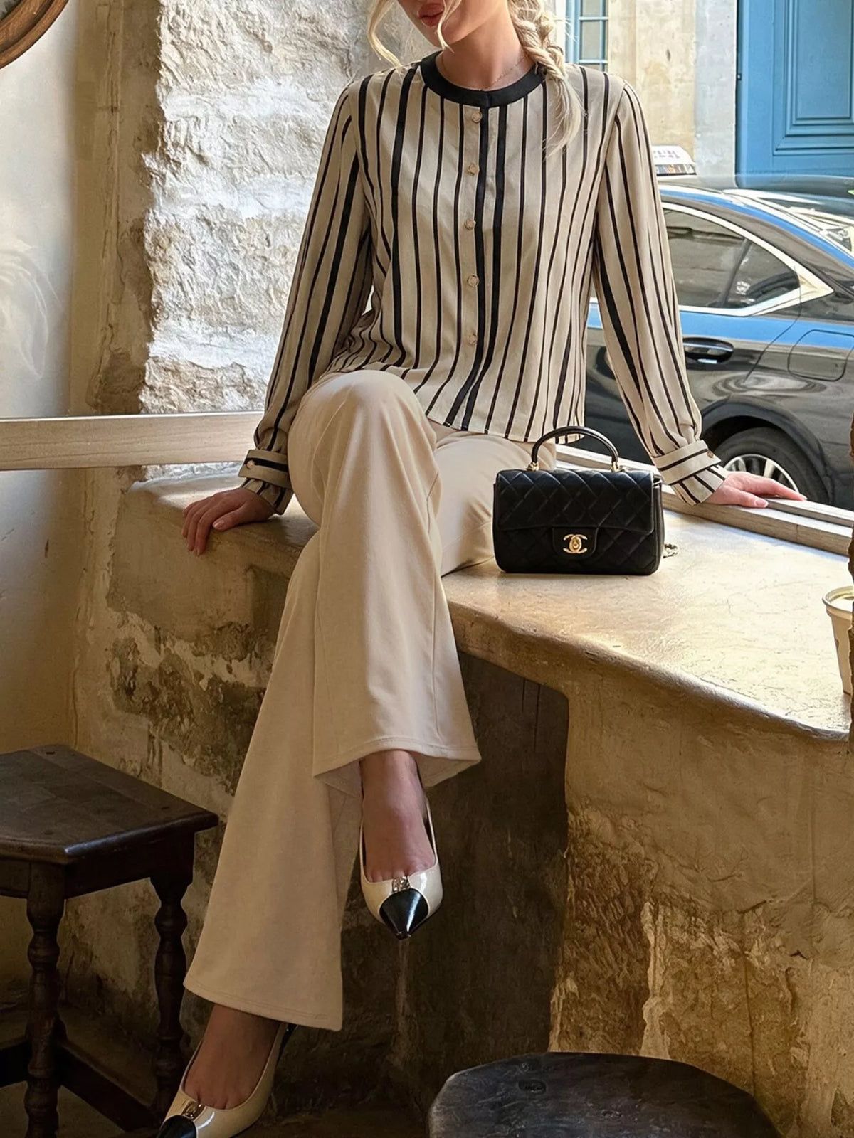 Striped Button-Down Shirt and High-Waisted Flare Pants Set in Khaki, view 3