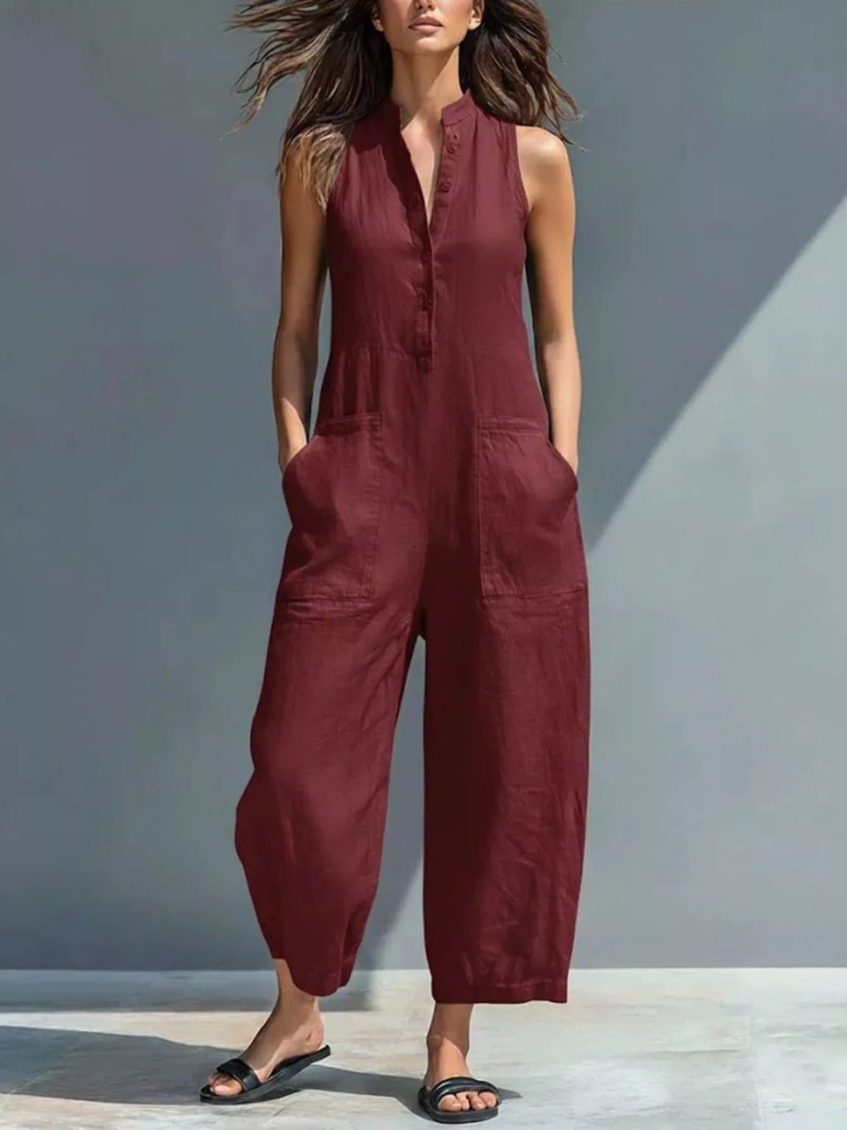 Full Size Button Front Sleeveless Jumpsuit Plus Size - Lilixa.store