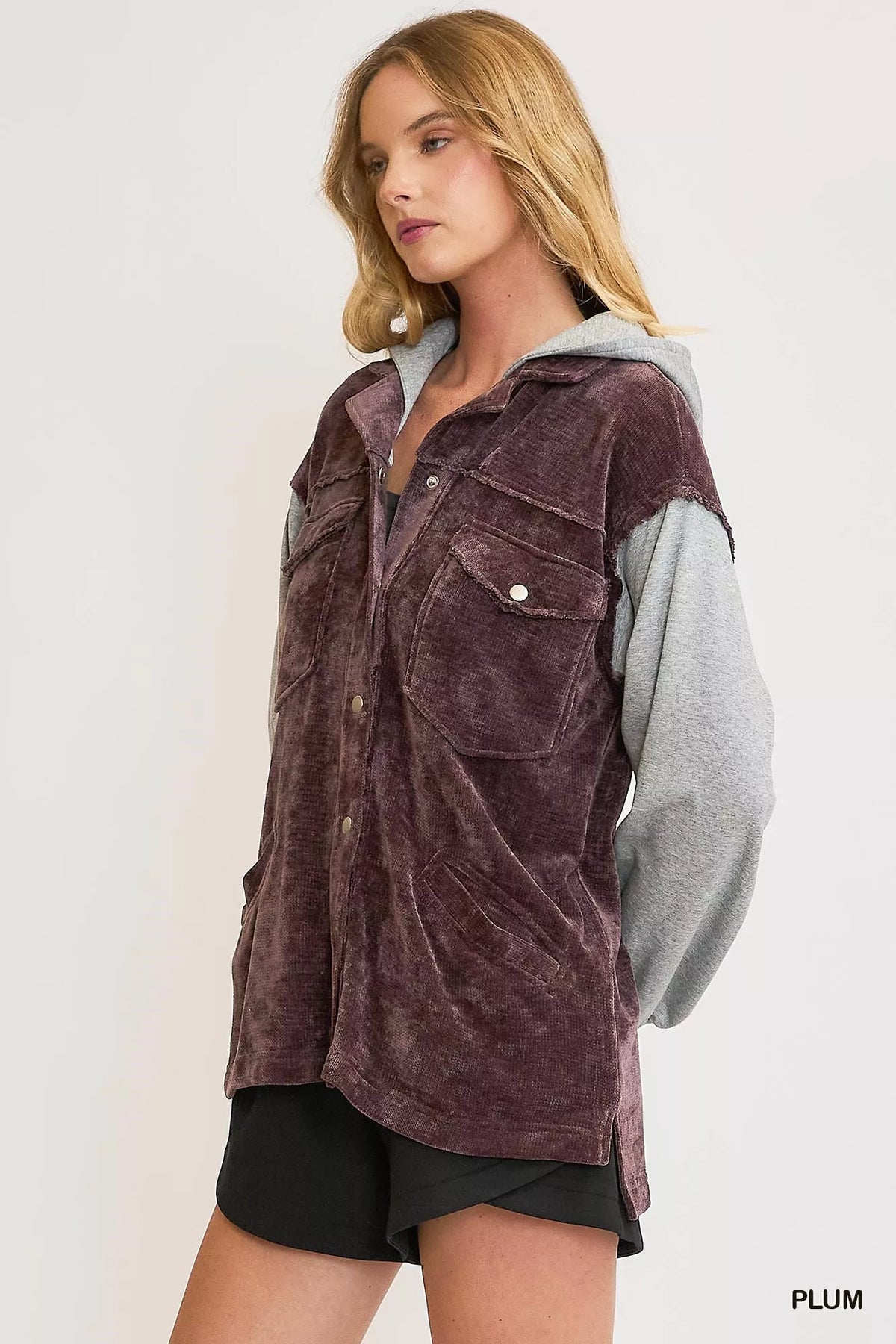 Umgee Contrast Hooded Chenille Jacket in Plum, view 3