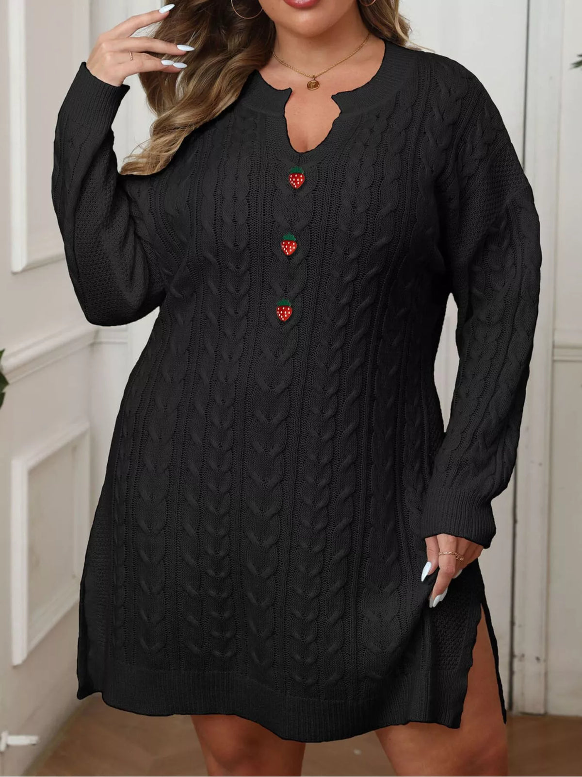 Plus Size Strawberry Cable Knit Sweater Dress - Lilixa.store