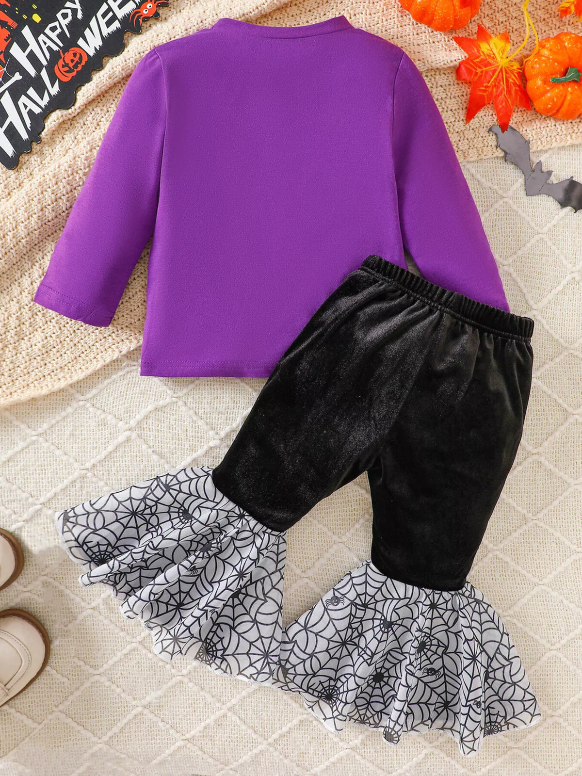 Children's Halloween Pumpkin Long Sleeve Top and Spiderweb Bell Bottom Set - Lilixa.store