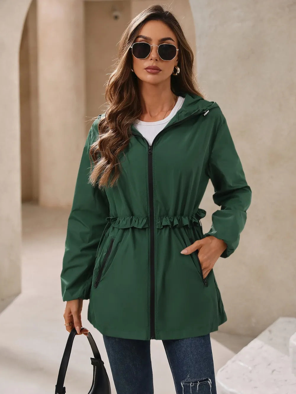 Ivy Lane Outdoor Waterproof Long Sleeve Hooded Windbreaker in Dark Green