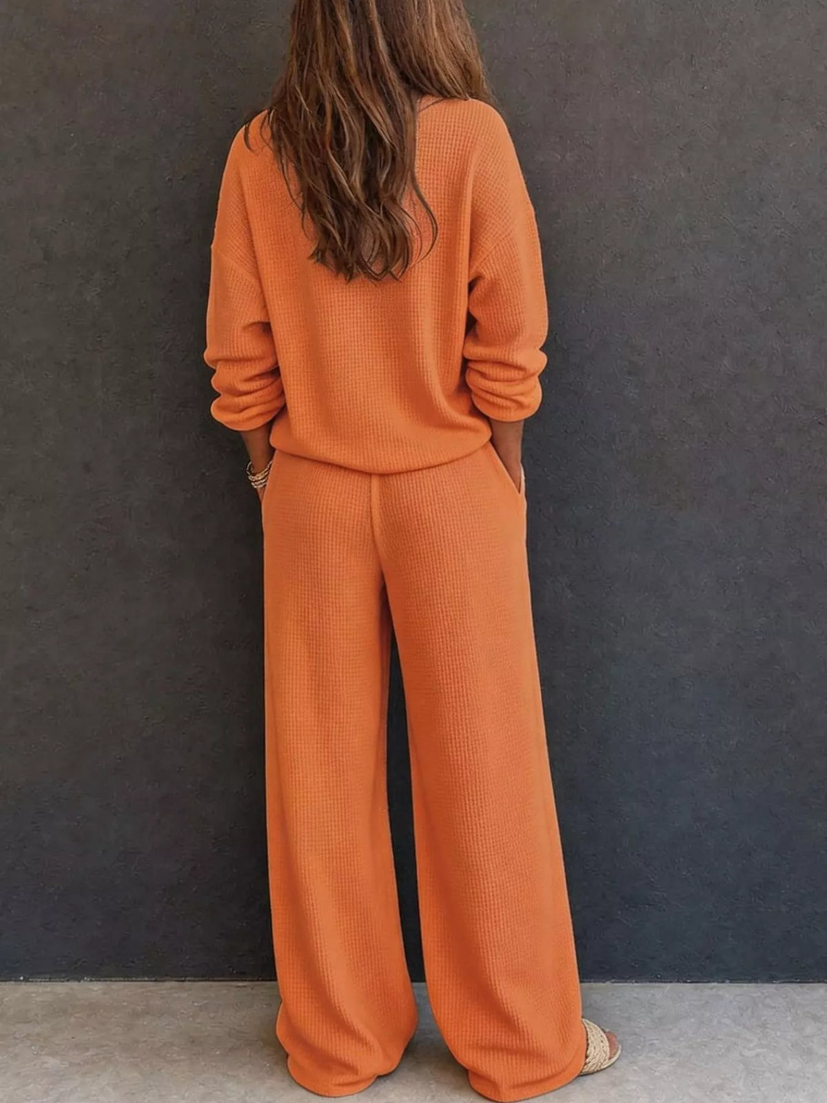 Waffle Knit Henley Top and Wide Leg Pants Set - Lilixa.store