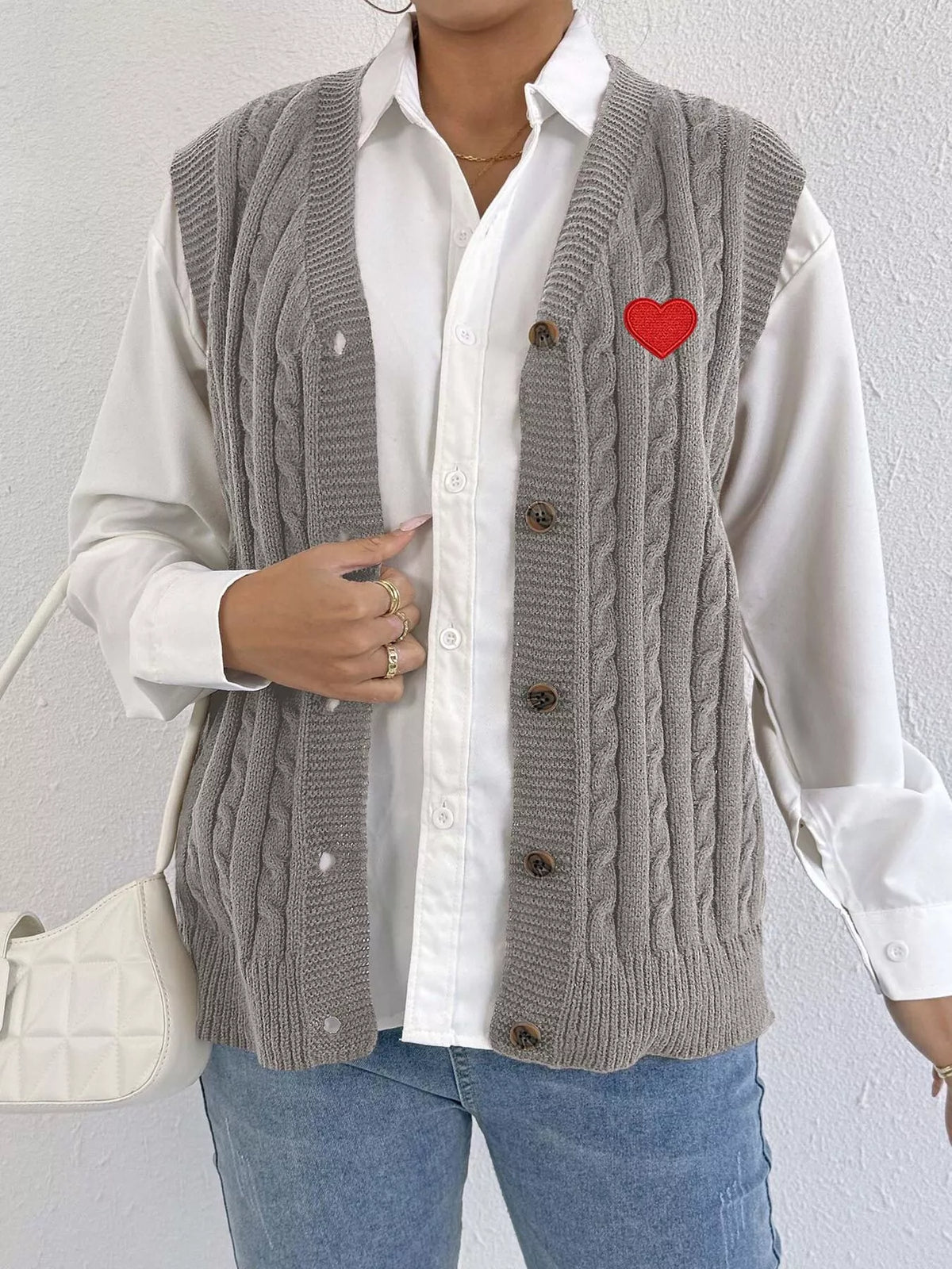 V-Neck Cable Knit Button-Down Sweater Vest with Heart Embroidery