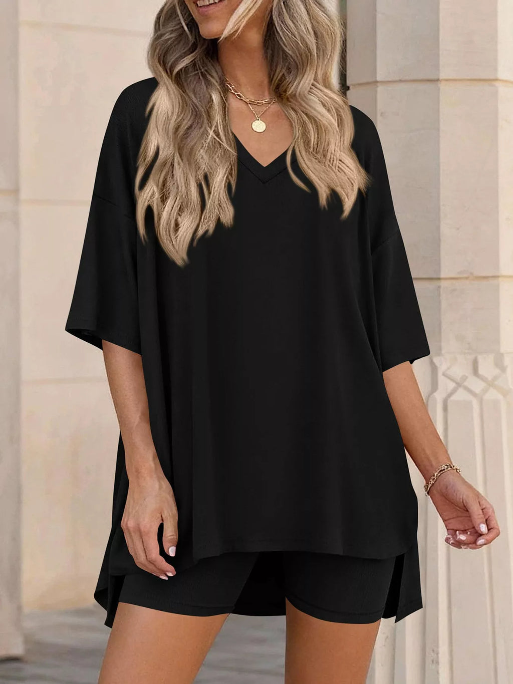 Full Size Casual Loose V-Neck T-Shirt & Shorts Set Plus Size - Lilixa.store