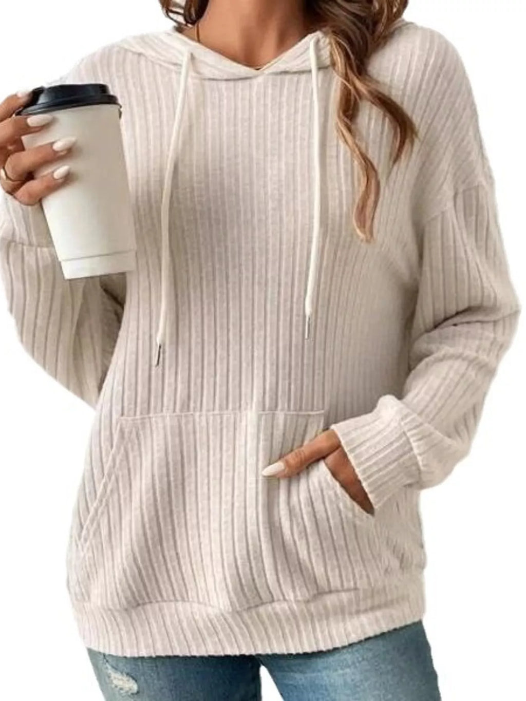 Ribbed Knit Long Sleeve Drawstring Hoodie - Lilixa.store