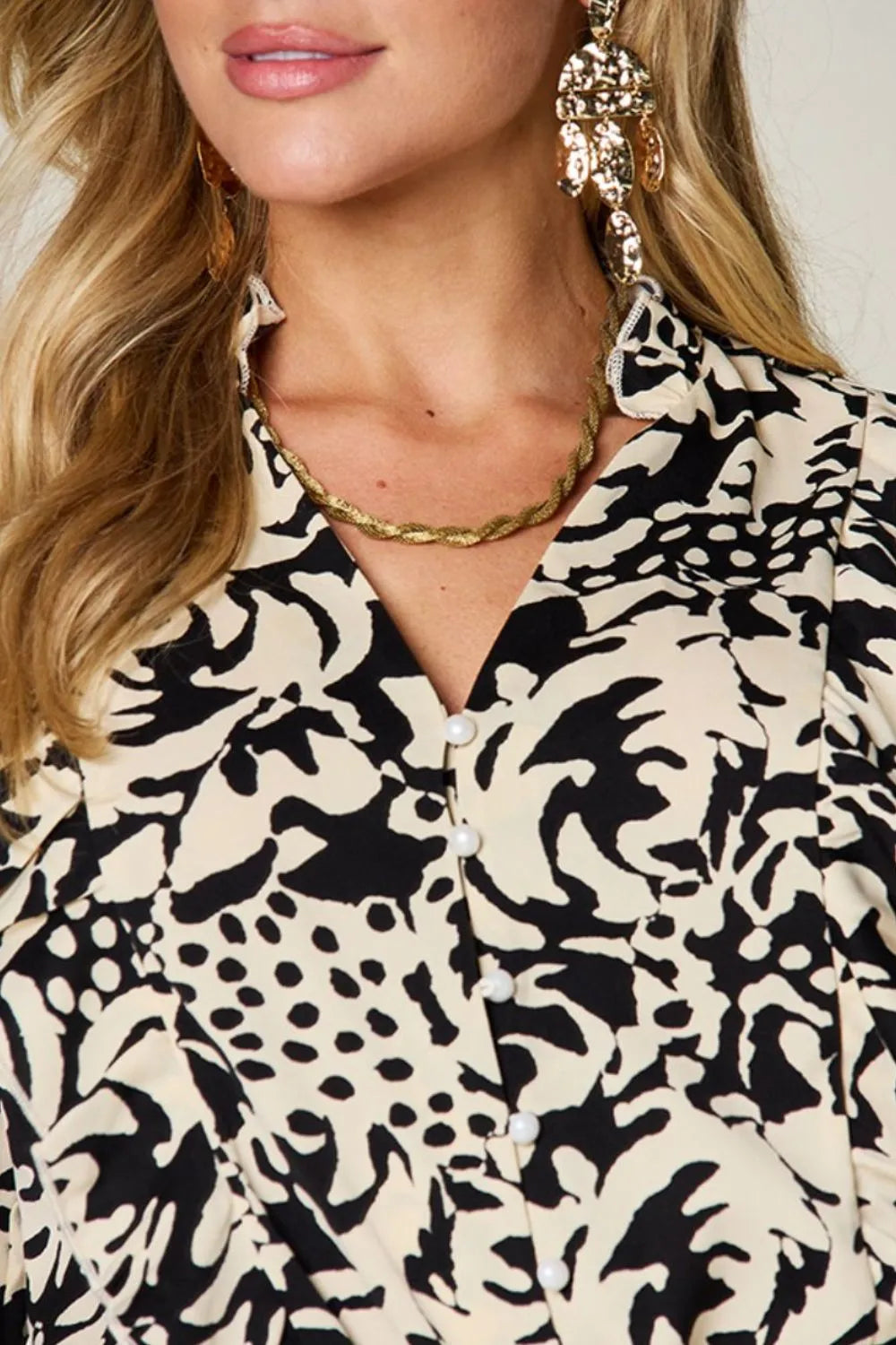 Double Take Full Size Printed Ruffle Trim Balloon Sleeve Shirt - Lilixa.store