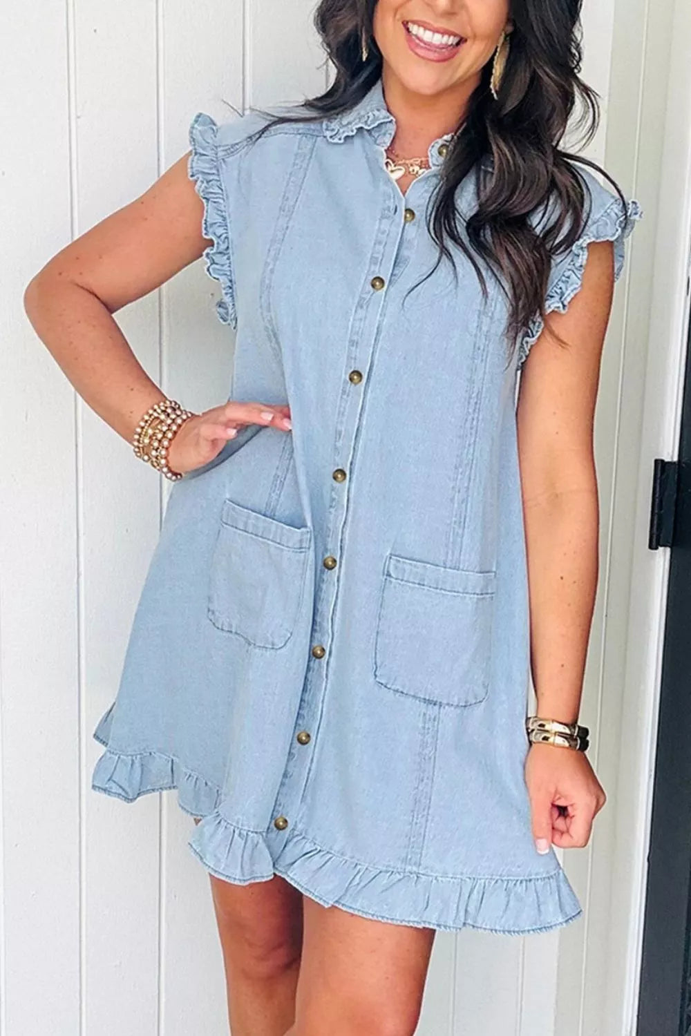 Ruffled Edge Collared Shift Denim Dress with Pockets - Lilixa.store