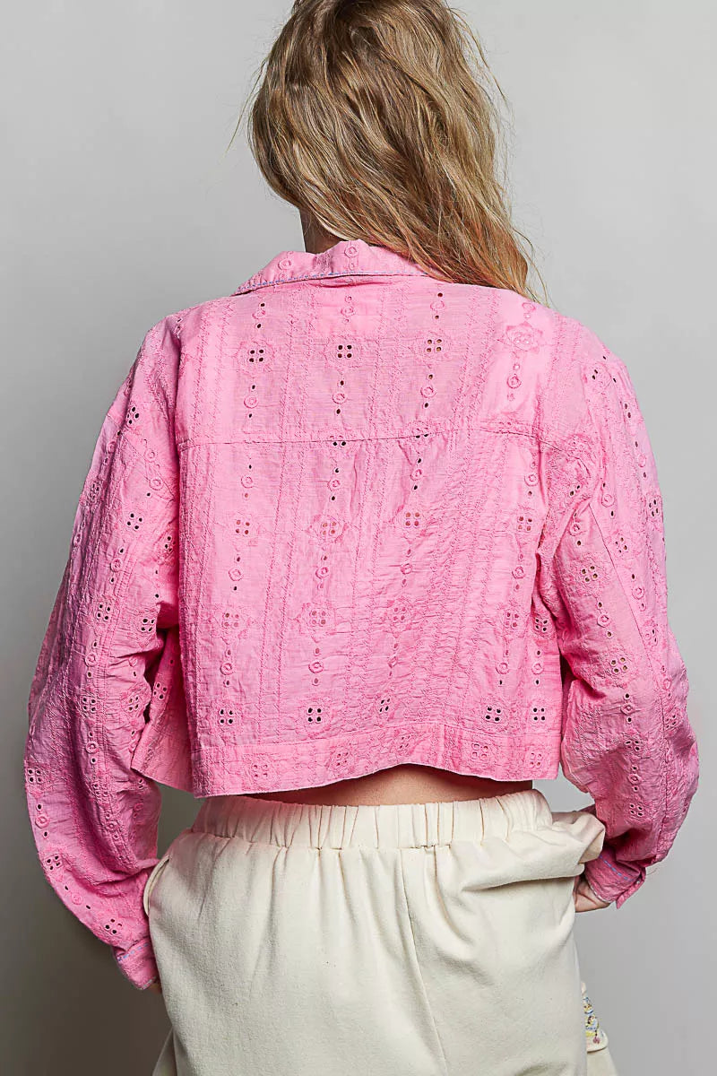 POL Eyelet Textured Cotton Cropped Button-Front Jacket in Candy Pink, view 3