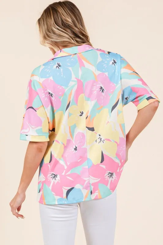BOMBOM Floral Collared Neck Half Sleeve Top - Lilixa.store