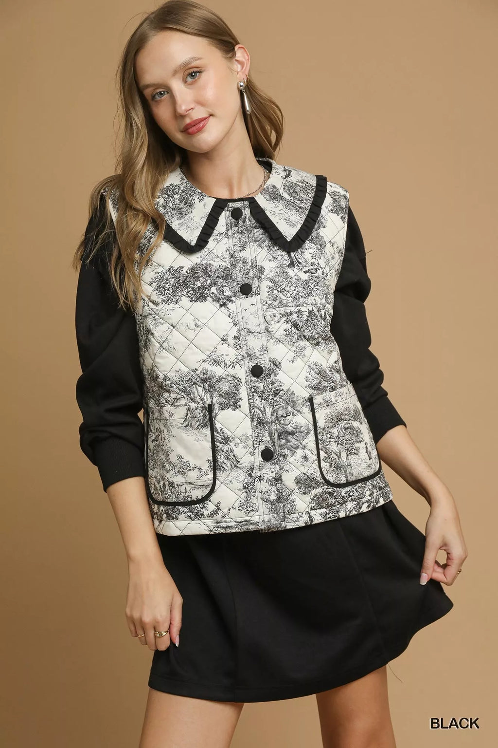 Umgee Toile Quilted Vest with Ruffle Collar - Lilixa.store