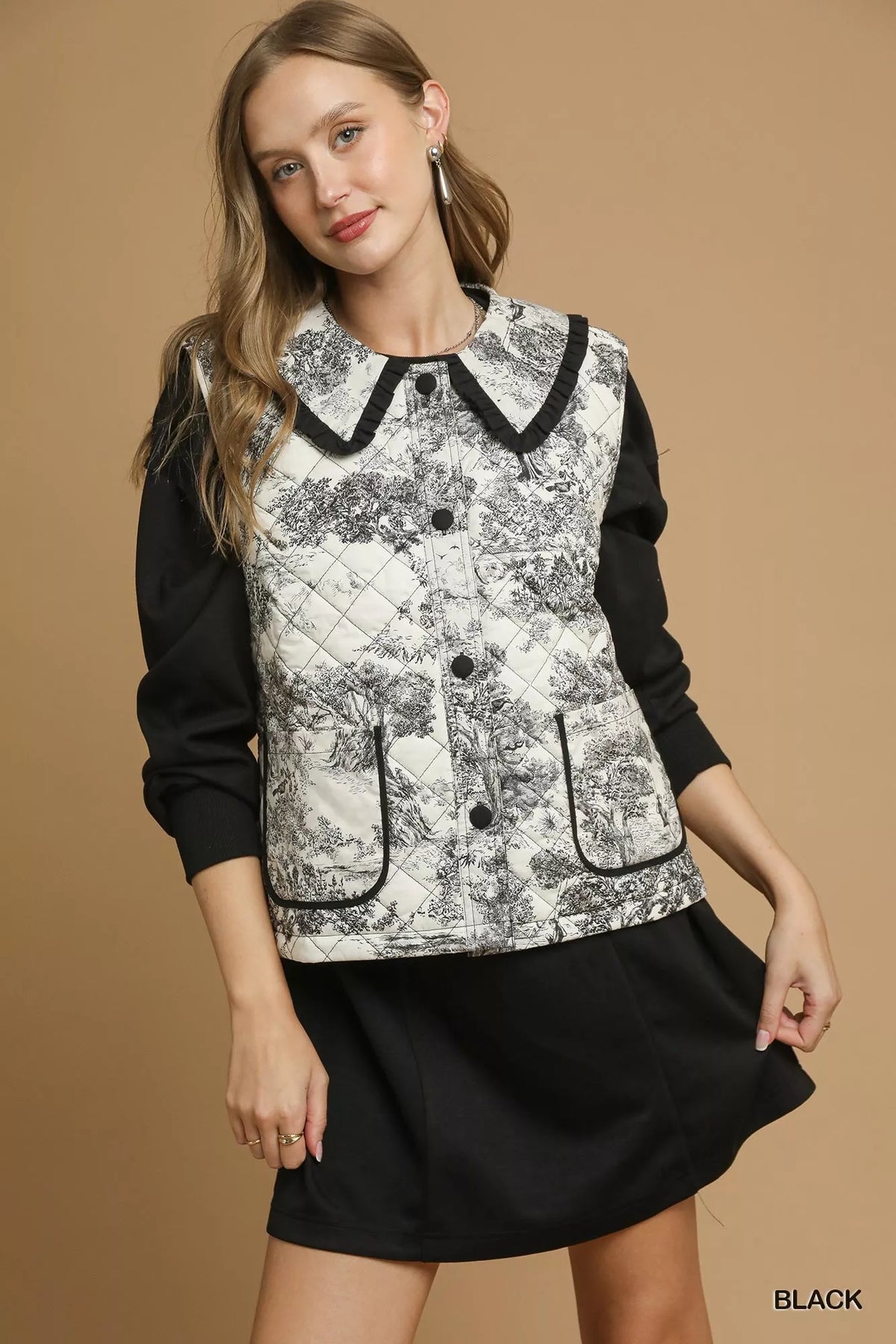 Umgee Toile Quilted Vest with Ruffle Collar - Lilixa.store