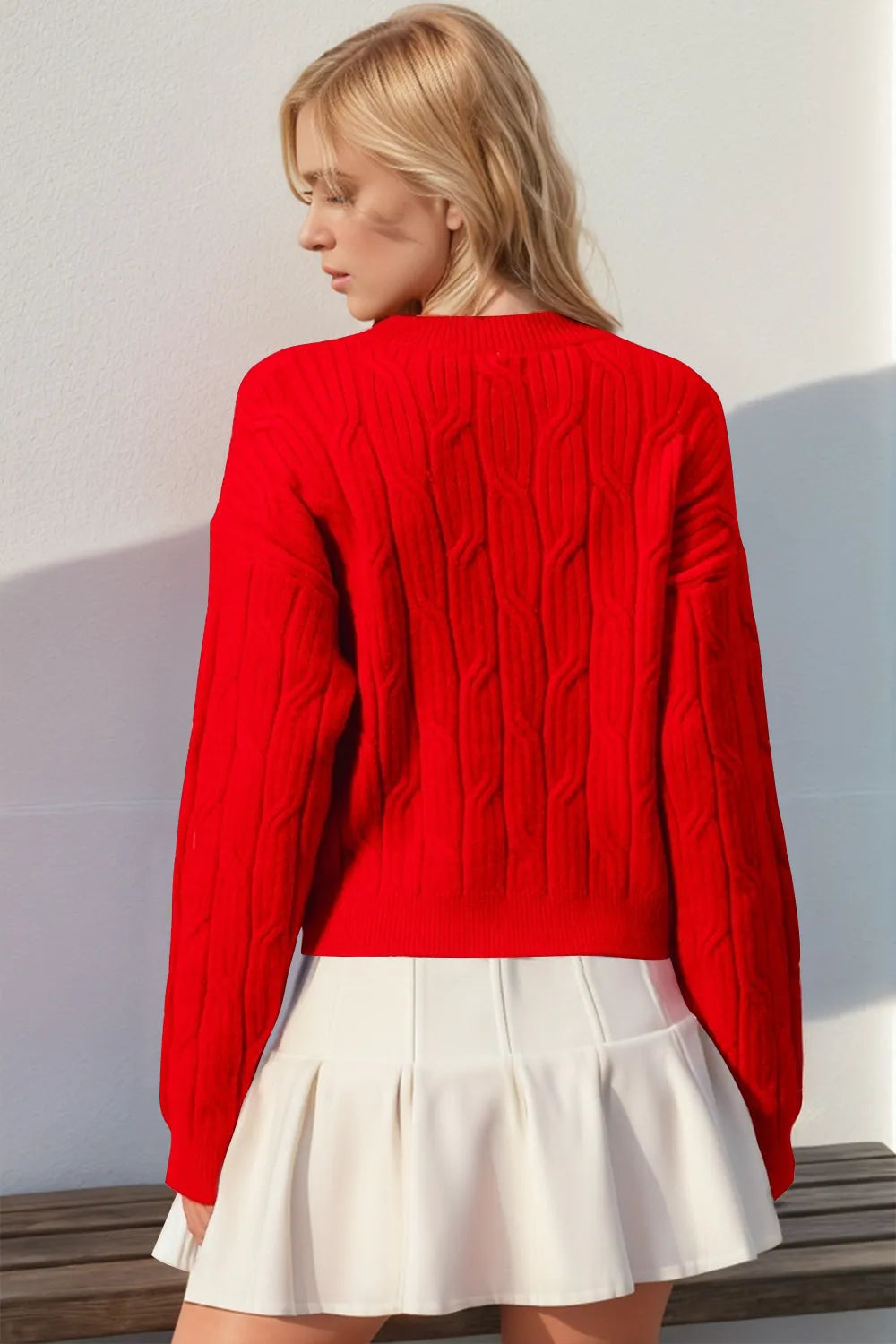 Double Take Full Size Bow Cable-Knit Round Neck Sweater - Lilixa.store