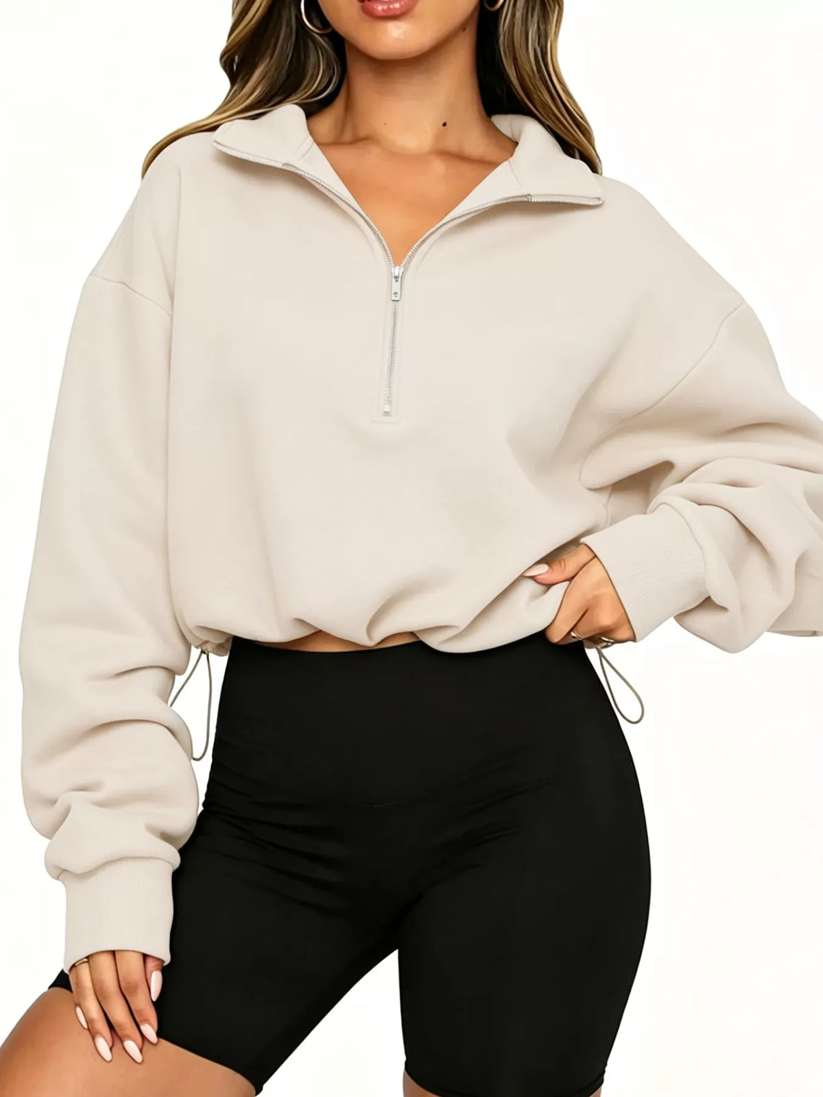 Half Zip Drawstring Hem Sweatshirt - Lilixa.store