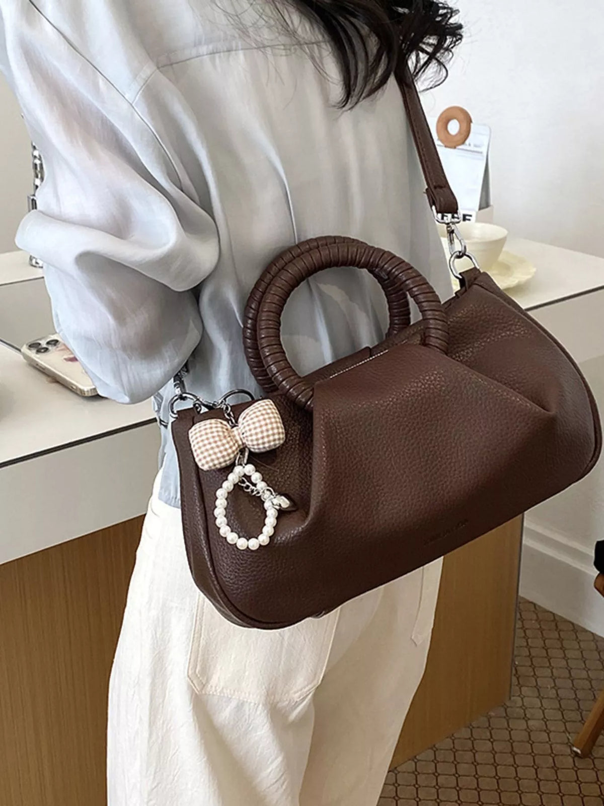 Top Handle Crossbody Bag with Pearl Bow Charm